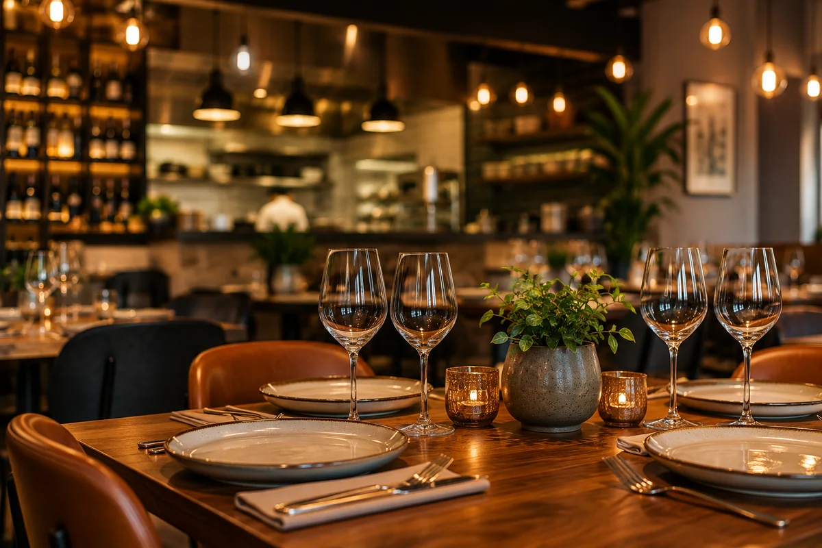 Interior de restaurante preparado para atendimento